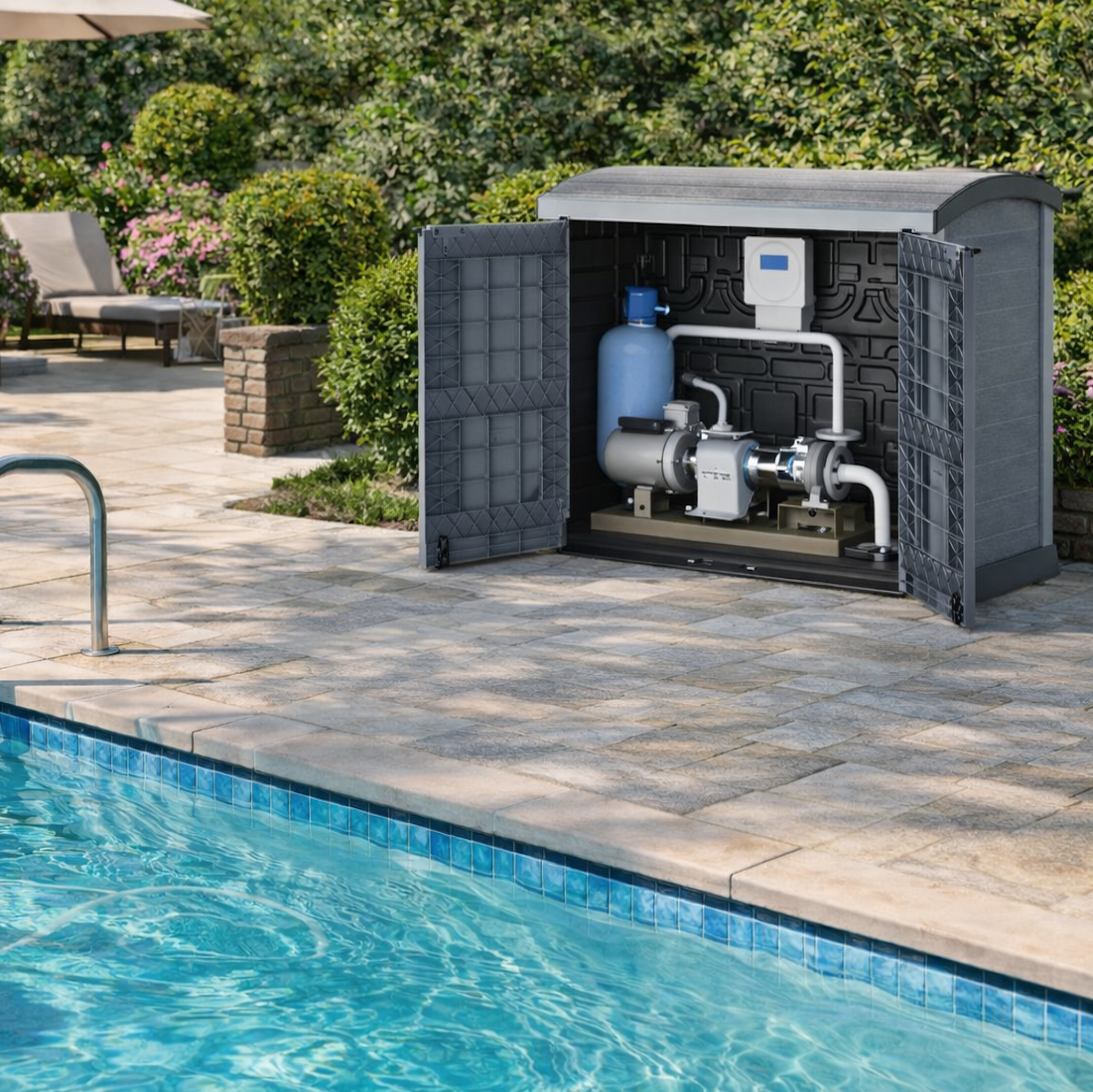 Outdoor pool area with a StoreAway 1200L storage shed for pool equipment and lounge chairs.
