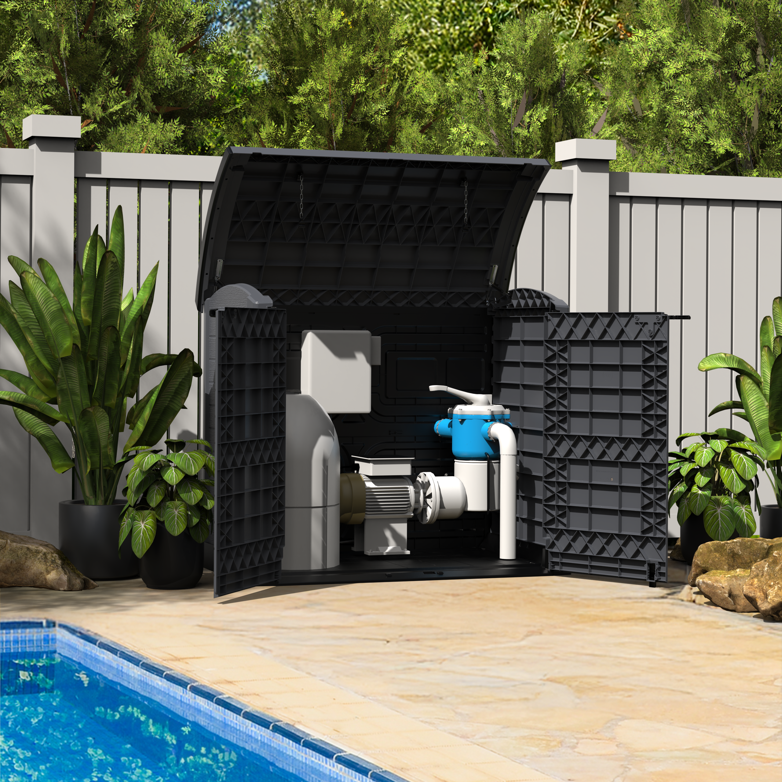 Duramax StoreAway 1200L with a pool pump stored inside. 