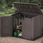 Duramax StoreAway 1200L Brown outdoor storage shed with tools and garden equipment in a garden setting