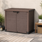 Duramax StoreAway 1200L outdoor storage shed on a patio with plants and furniture.