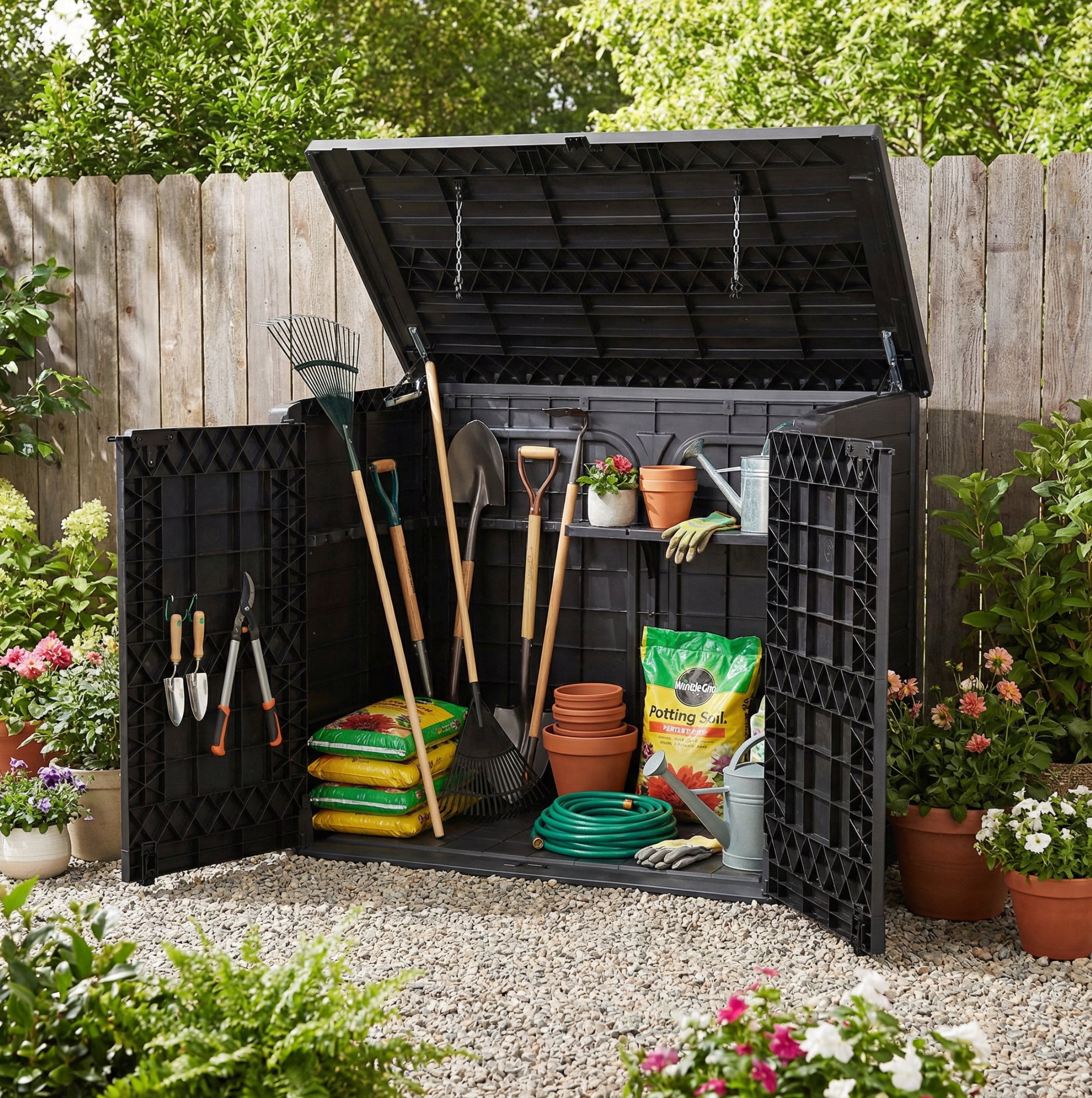 Duramax StoreAway 1200L plasthaveopbevaringsskur med fladt låg, affaldsbeholder, brun