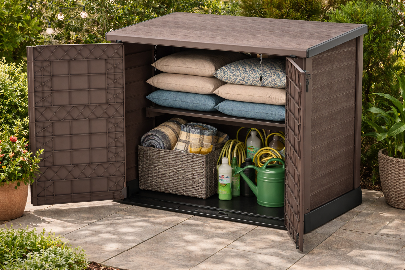 Duramax StoreAway 1200L Abri de Jardin en Plastique avec Couvercle Plat, Enceinte Poubelle, Marron