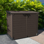 Duramax StoreAway 1200L Brown outdoor storage box with a green leafy background