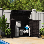 Duramax StoreAway 1200L pool equipment storage shed next to a pool with greenery in the background