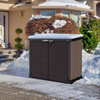Duramax StoreAway 1200L Outdoor storage shed in front of a house with snow on the ground