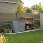 Abrigo de armazenamento de jardim de plástico Duramax StoreAway 1200L com tampa plana, compartimento para lata de lixo, cinza