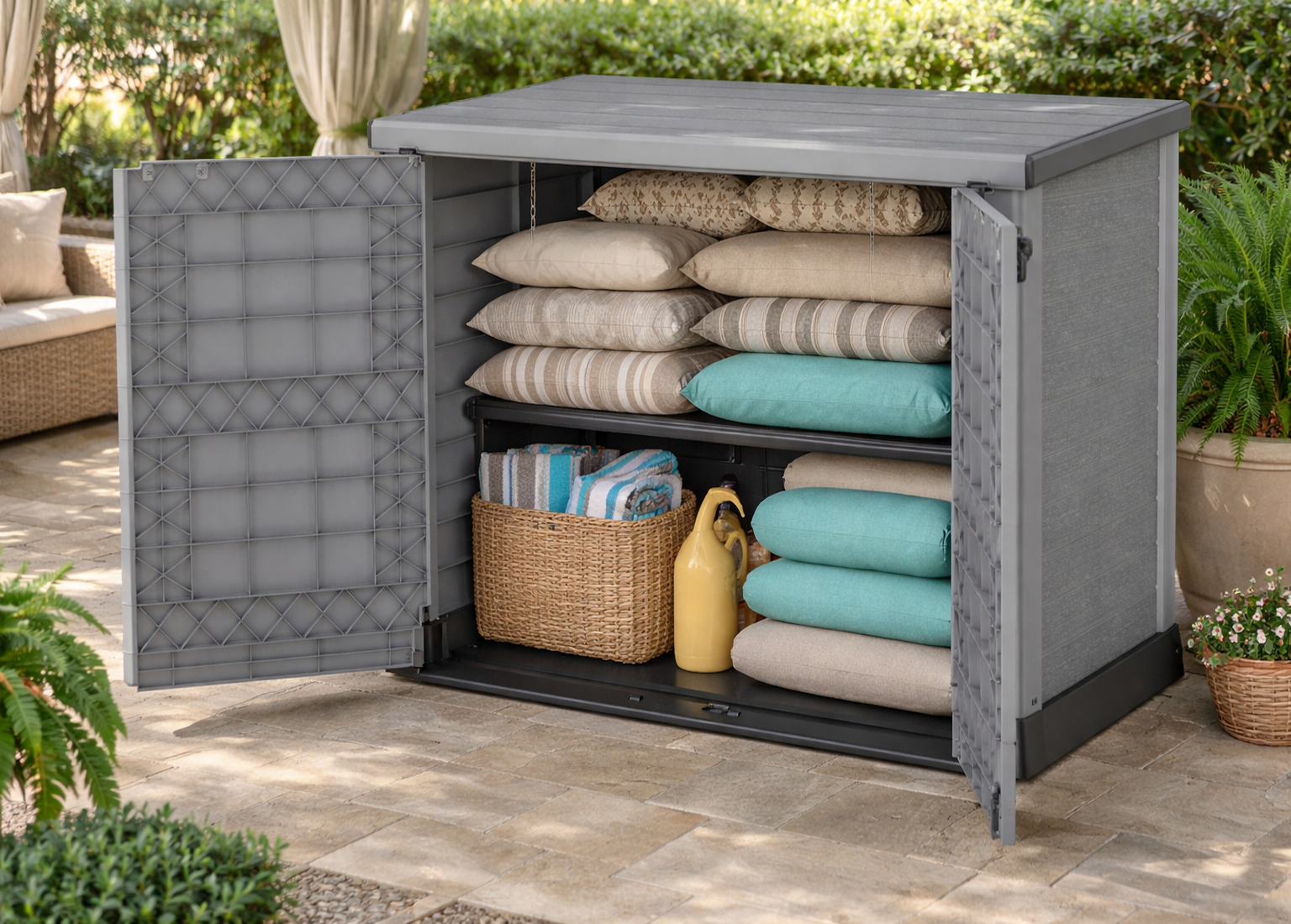 Duramax StoreAway 1200L Outdoor storage cabinet with open doors revealing cushions and a basket on a patio.
