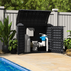 Duramax StoreAway 1200L outdoor storage shed used as a pool system storage, next to a pool with greenery in the background. 