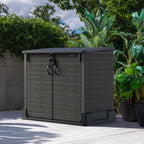 Duramax StoreAway 850LOutdoor storage shed on a wooden deck with plants in the background