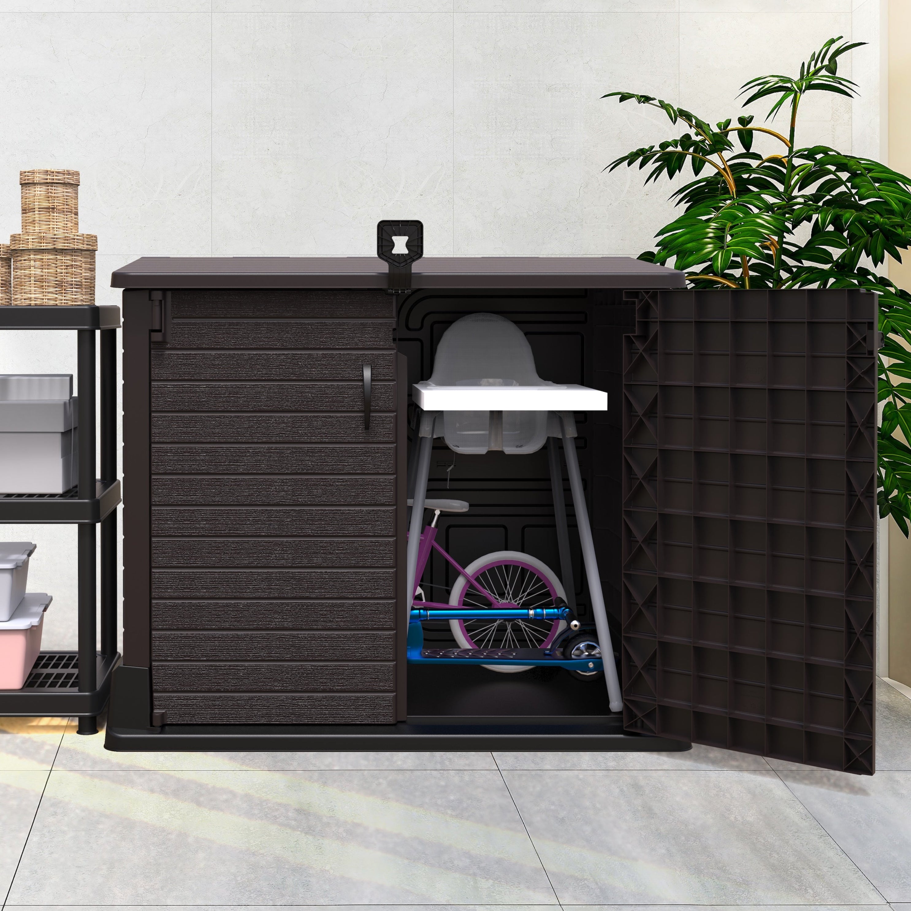 Duramax Outdoor storage cabinet with shelves and plants on a patio