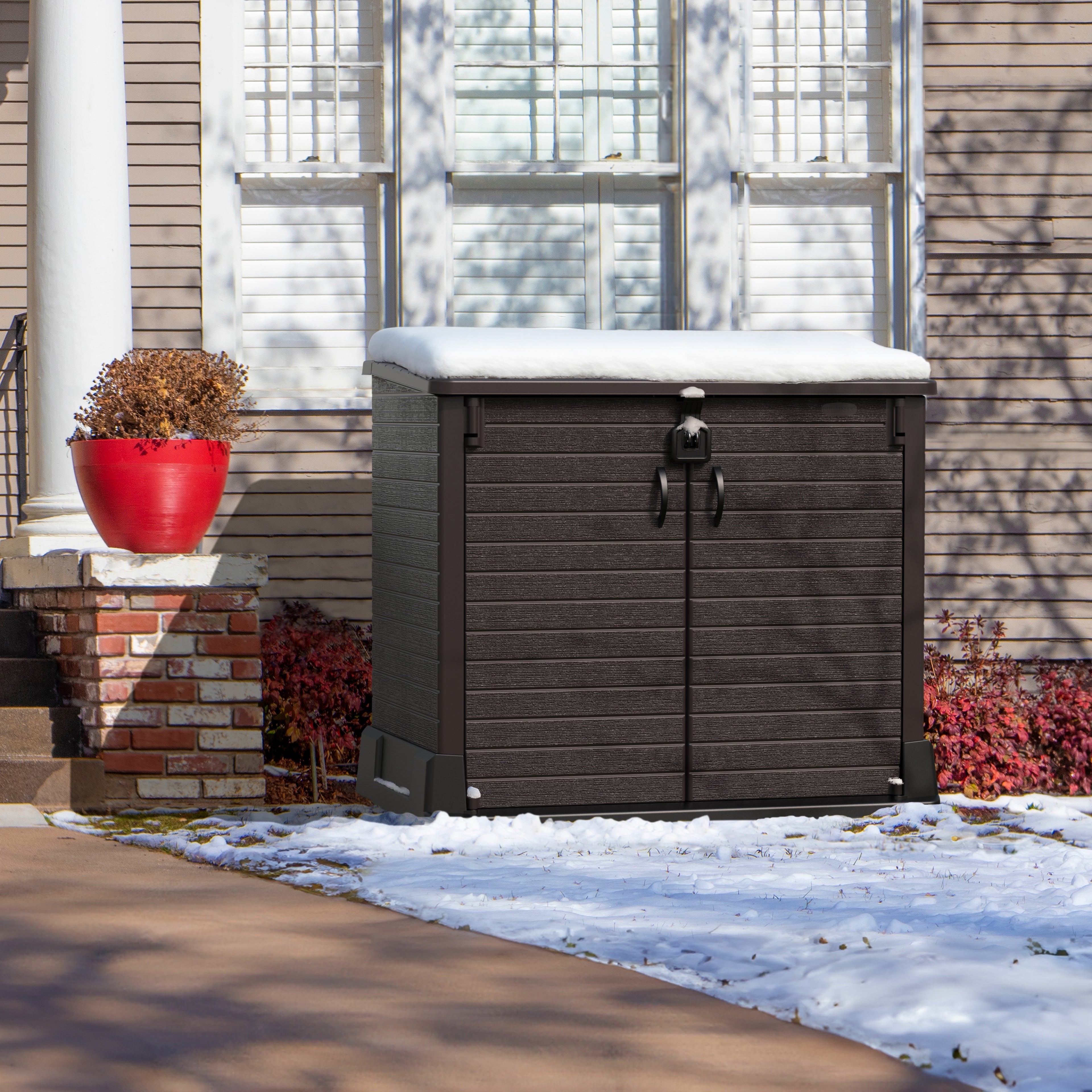 Barracão de armazenamento de jardim de plástico Duramax StoreAway 850L, compartimento para lata de lixo, marrom escuro