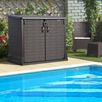 Duramax StoreAway outdoor storage cabinet near a pool with garden furniture in the background