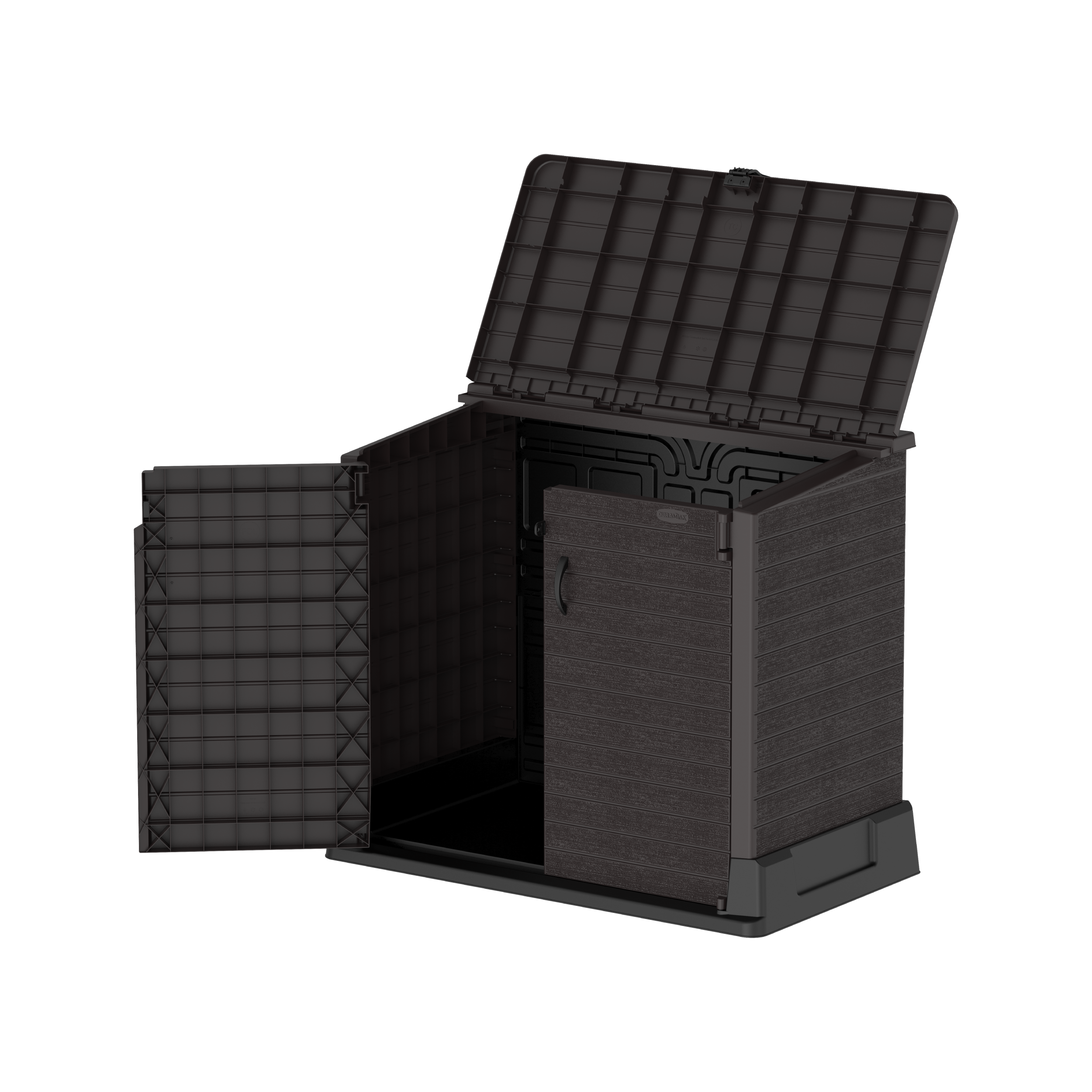 Barracão de armazenamento de jardim de plástico Duramax StoreAway 850L, compartimento para lata de lixo, marrom escuro