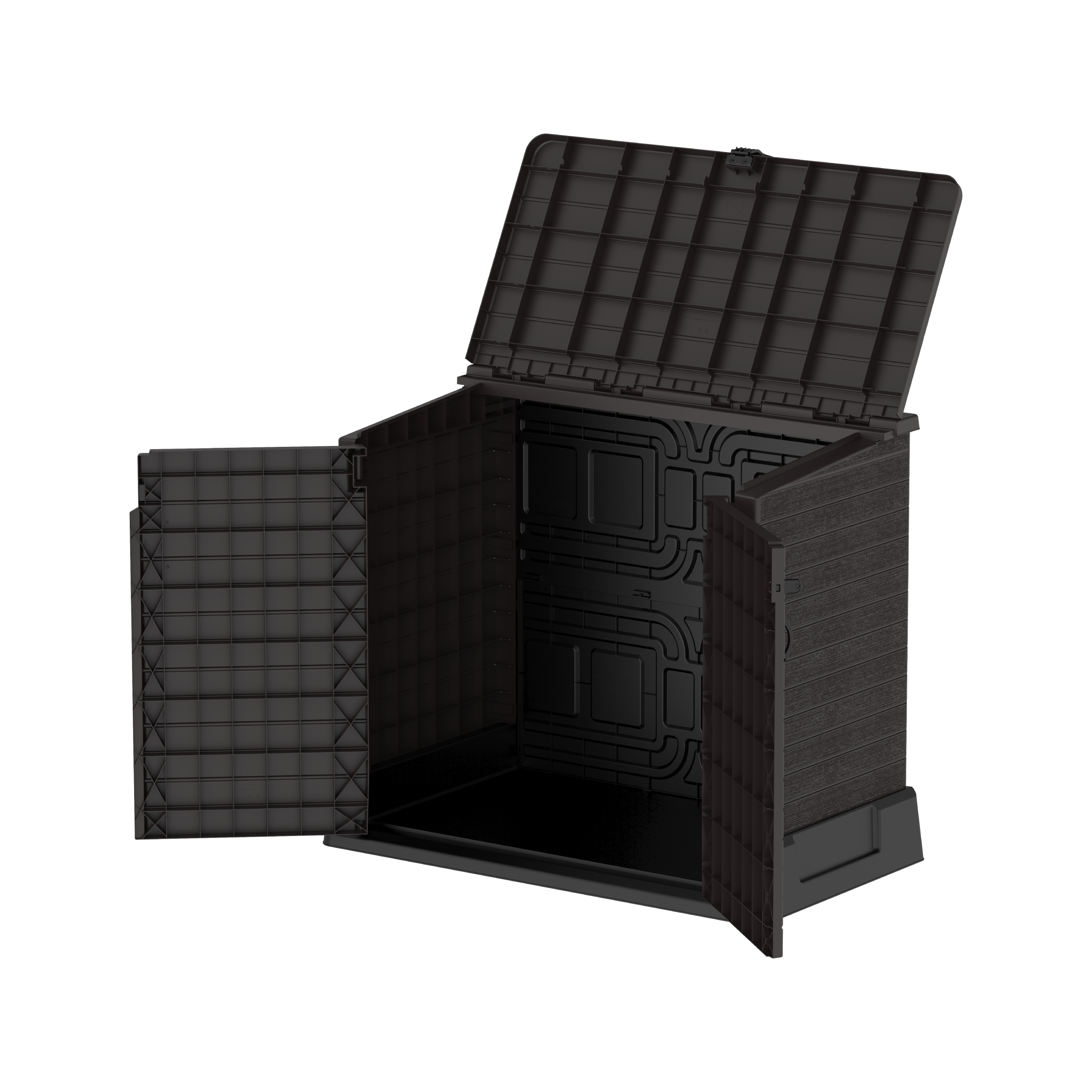 Barracão de armazenamento de jardim de plástico Duramax StoreAway 850L, compartimento para lata de lixo, marrom escuro