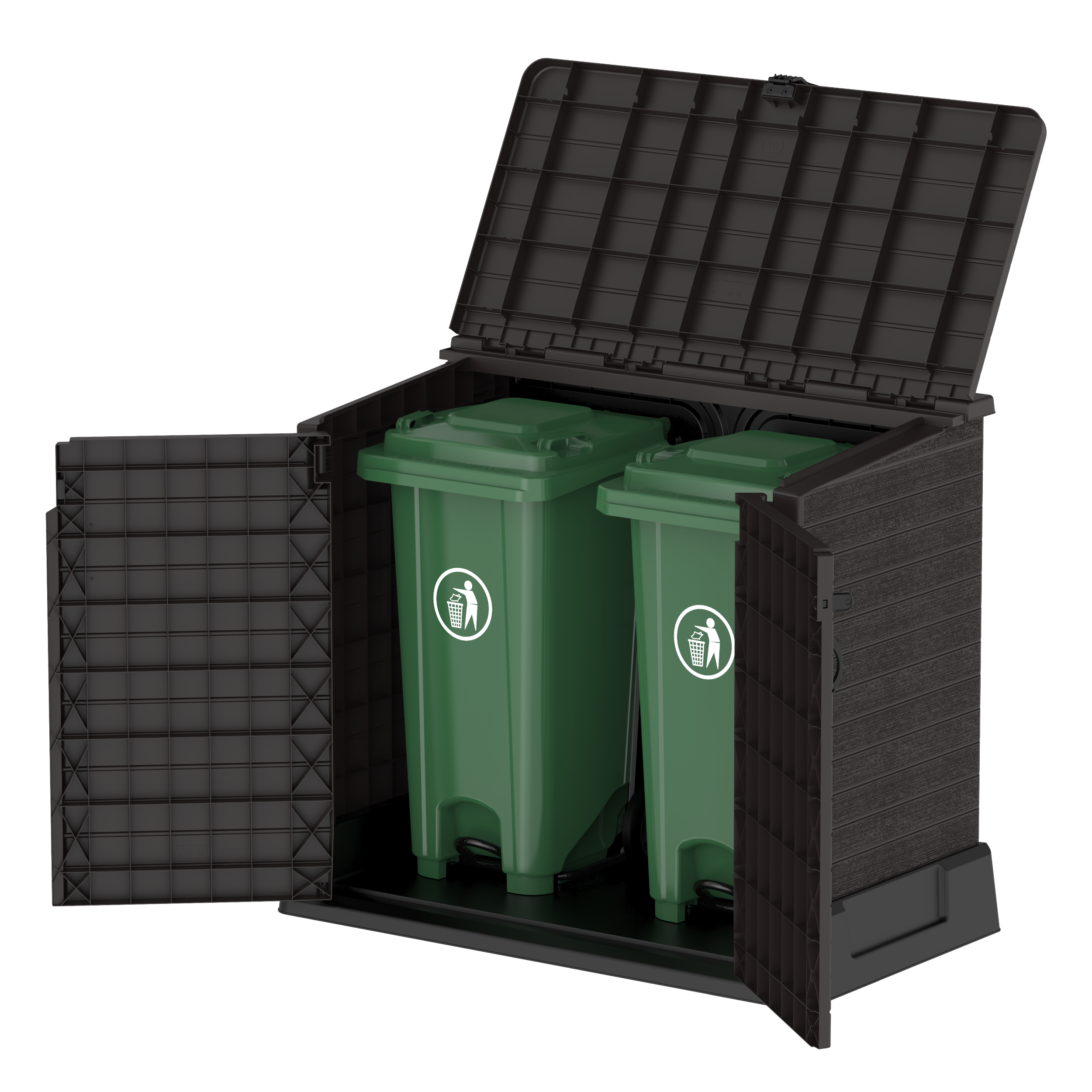 Barracão de armazenamento de jardim de plástico Duramax StoreAway 850L, compartimento para lata de lixo, marrom escuro