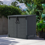 Duramax StoreAway 850L Grey outdoor storage shed on a wooden deck with plants in the background