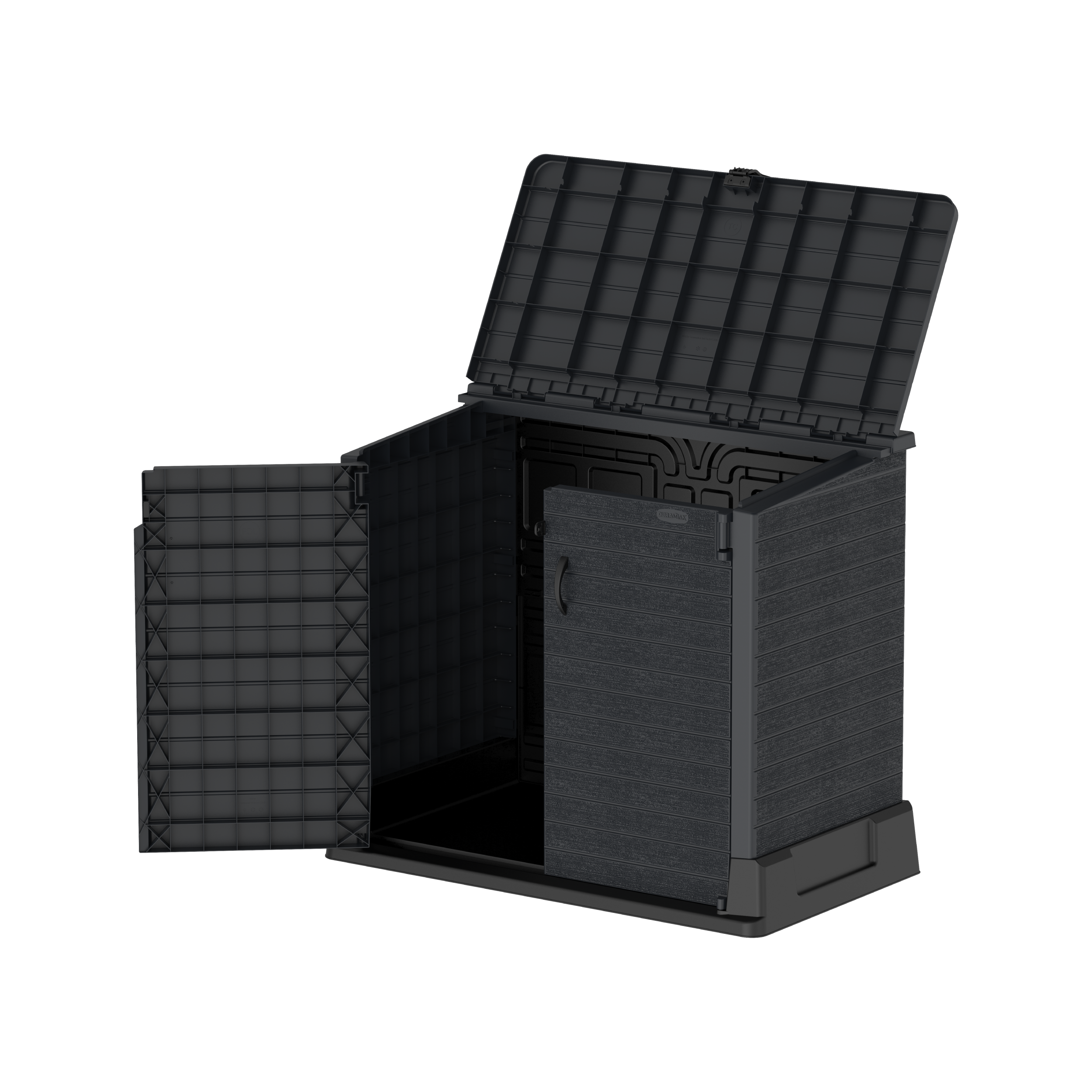 Barracão de armazenamento de jardim de plástico Duramax StoreAway 850L, compartimento para lata de lixo, cinza escuro