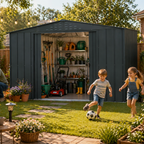 Family in a garden with a Duramax shed filled with gardening tools and plants.