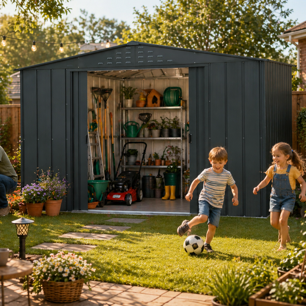 Family in a garden with a Duramax shed filled with gardening tools and plants.