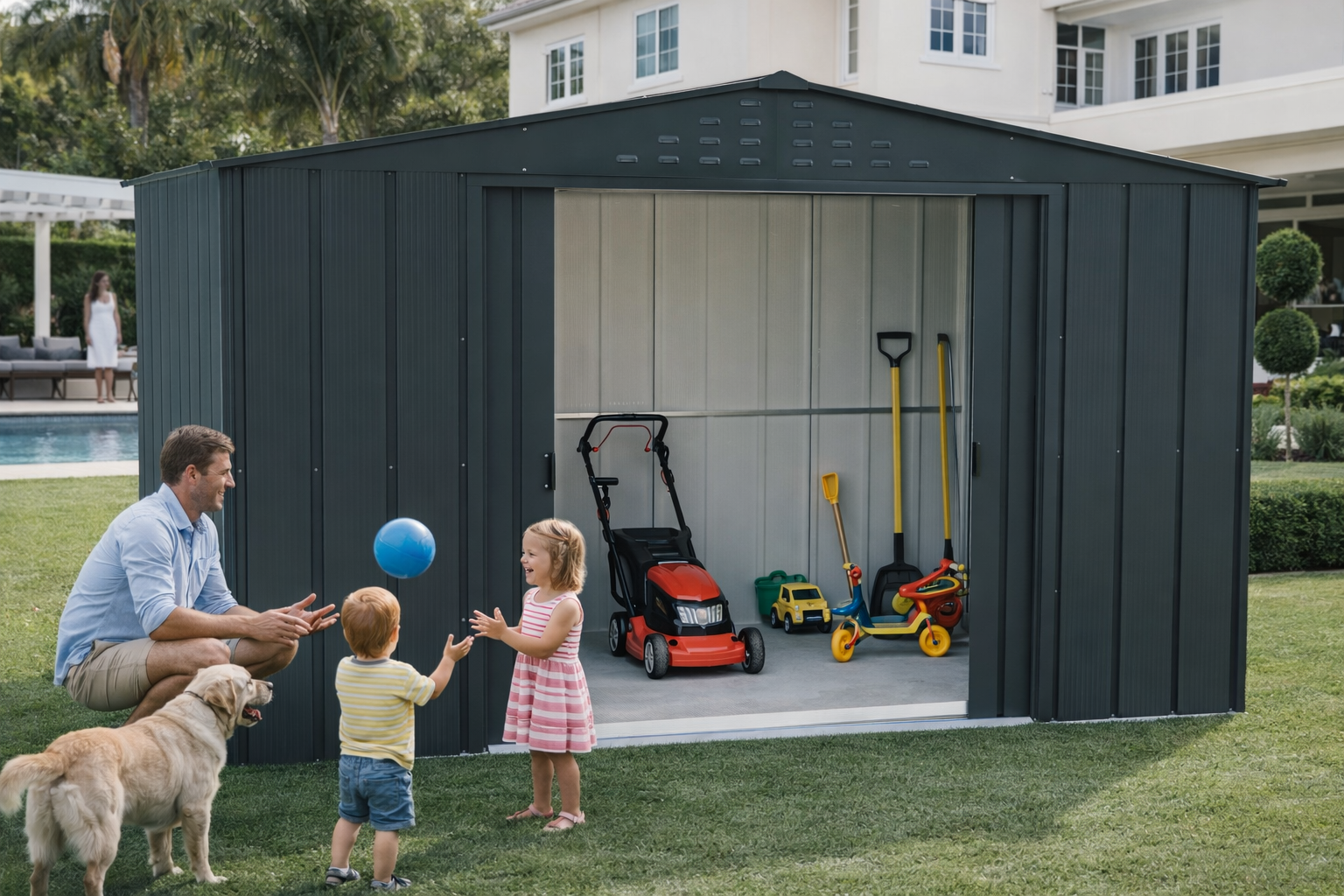 Family playing in front of a large Duramax TOP metal storage shed with toys inside.