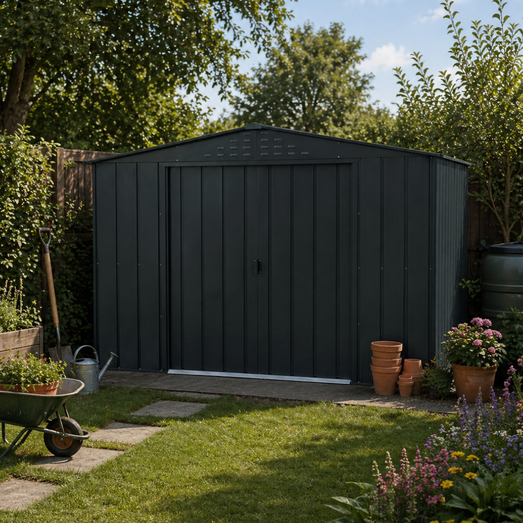 Duramax Dark gray metal garden shed in a backyard with plants and a wheelbarrow.