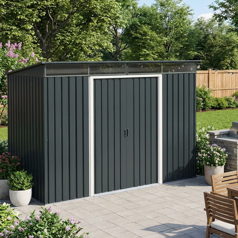 Outdoor kitchen area with a Duramax TOP Skylight 8x6 metal storage shed, grill, and dining table in a garden setting.