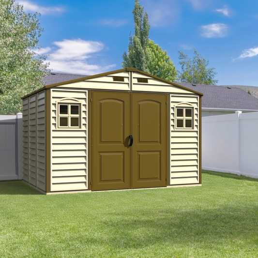 plastic storage shed placed in the garden