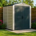 Grey & Adobe vinyl garden shed with double doors in a garden setting