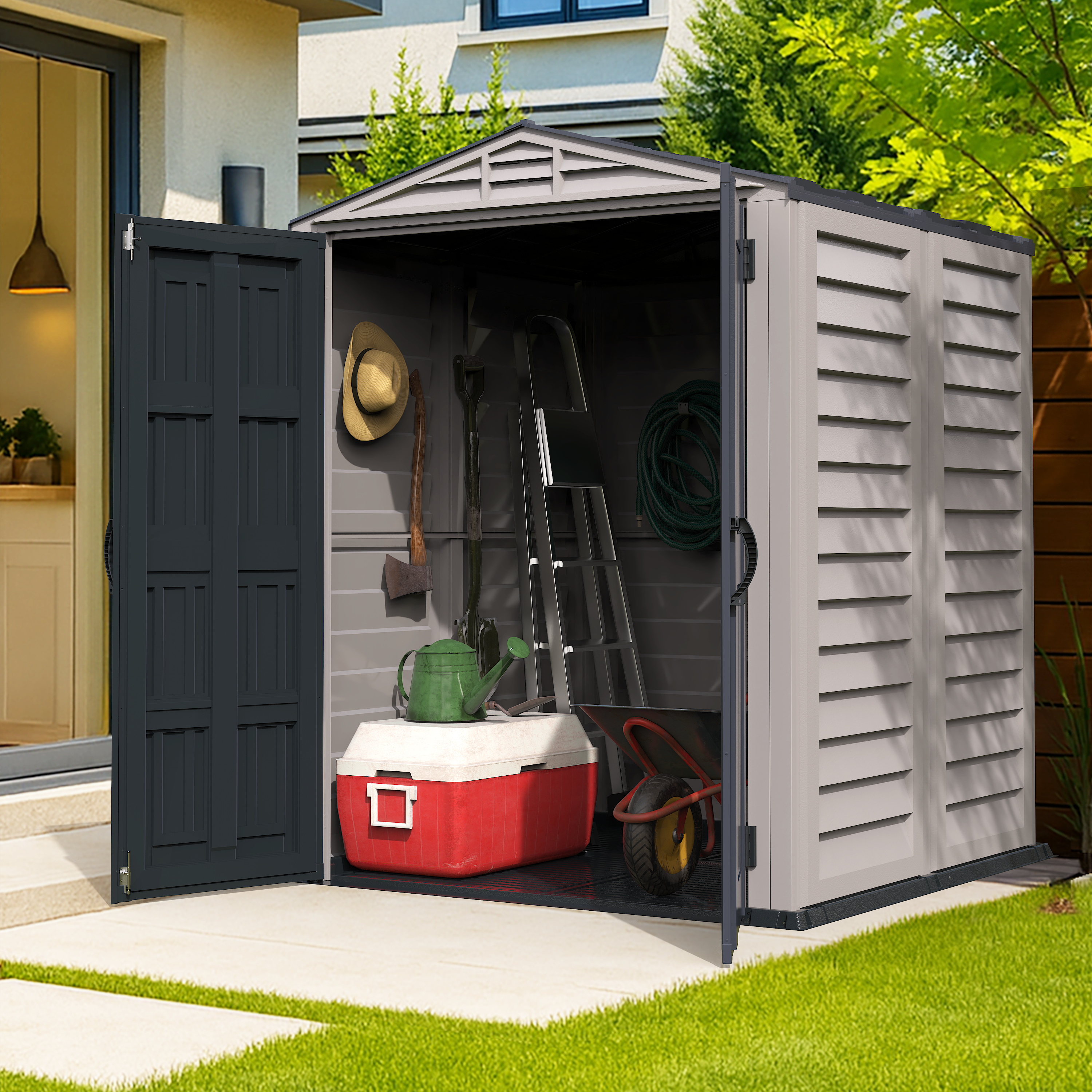 Outdoor storage shed with items in front of a house