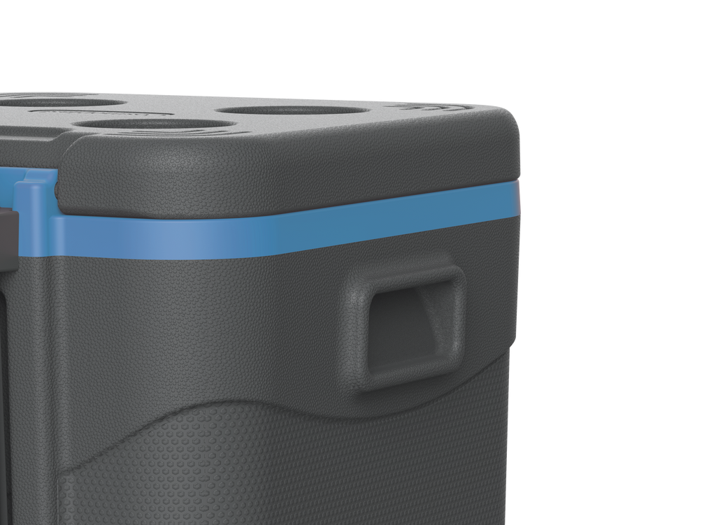 Grey and blue trolley icebox with side handles for convenient carrying and lifting inside and out of the car.