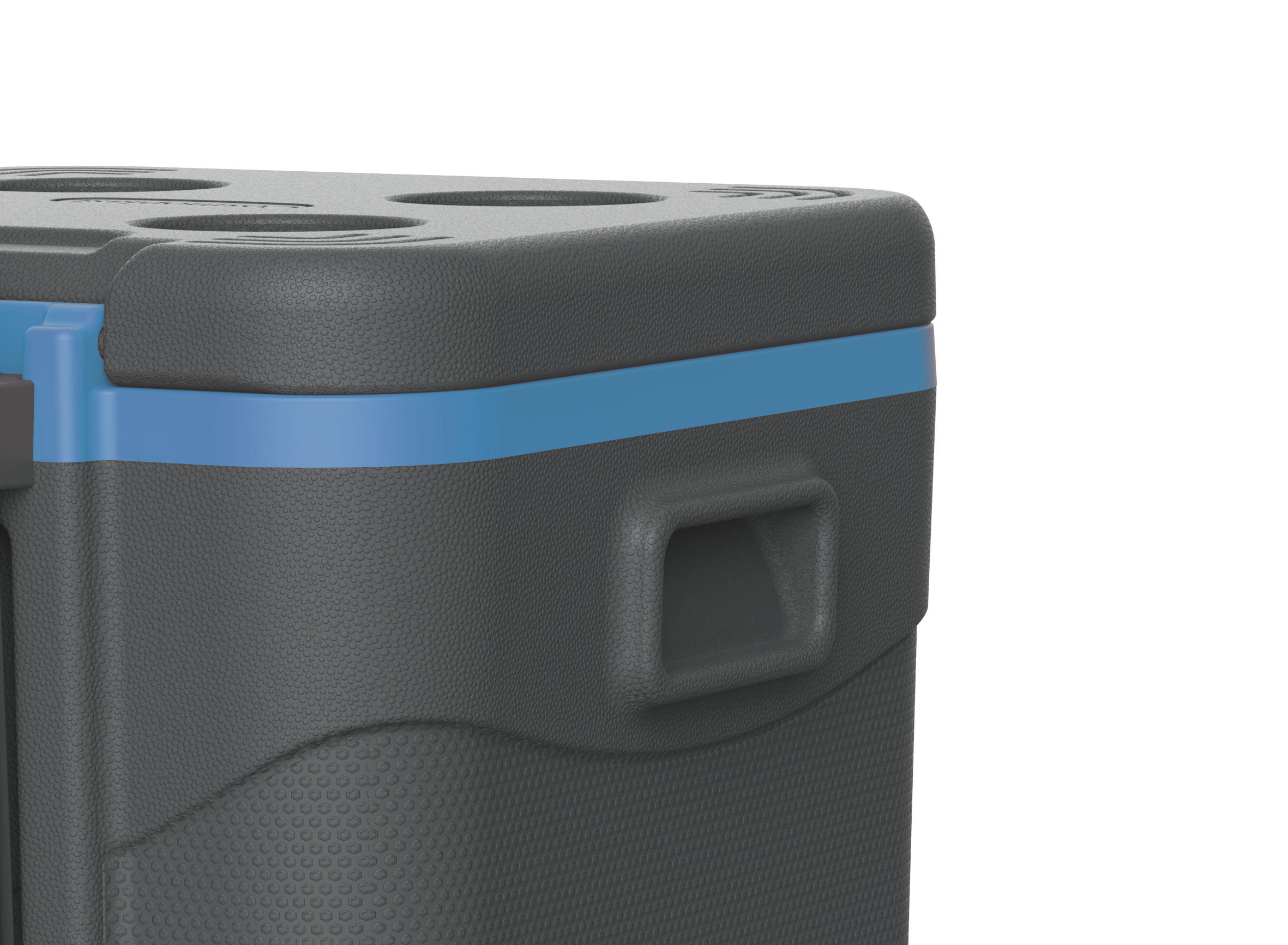 Grey and blue trolley icebox with side handles for convenient carrying and lifting inside and out of the car.