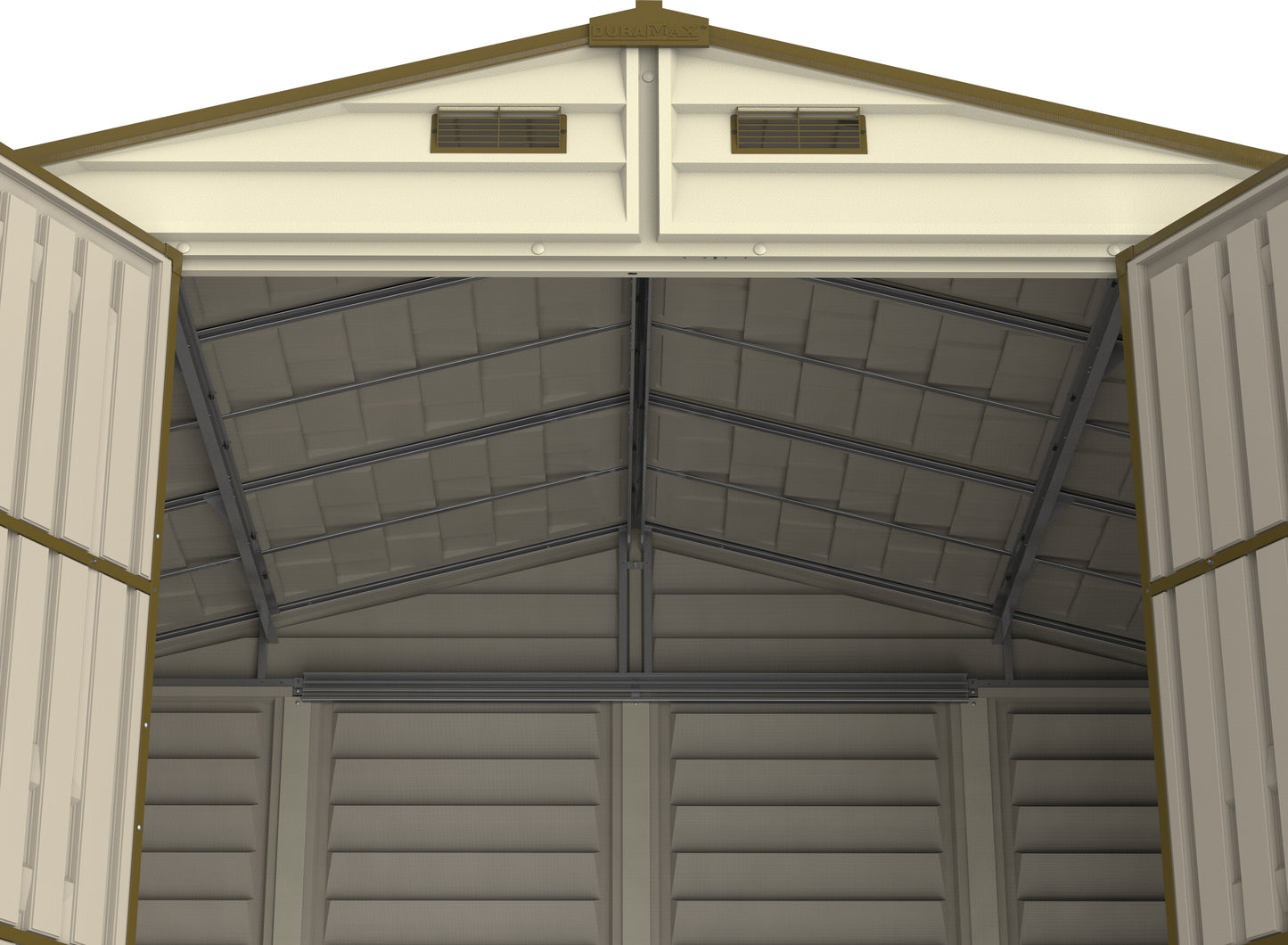 Plastic woodside storage shed with wall panels made from durable vinyl to avoid rot and dent.