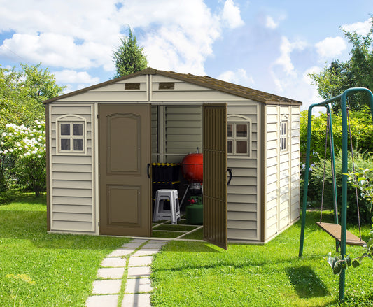 Duramax Woodside 3.19 x 2.40 m plastic storage shed to store any equipment and tools. 