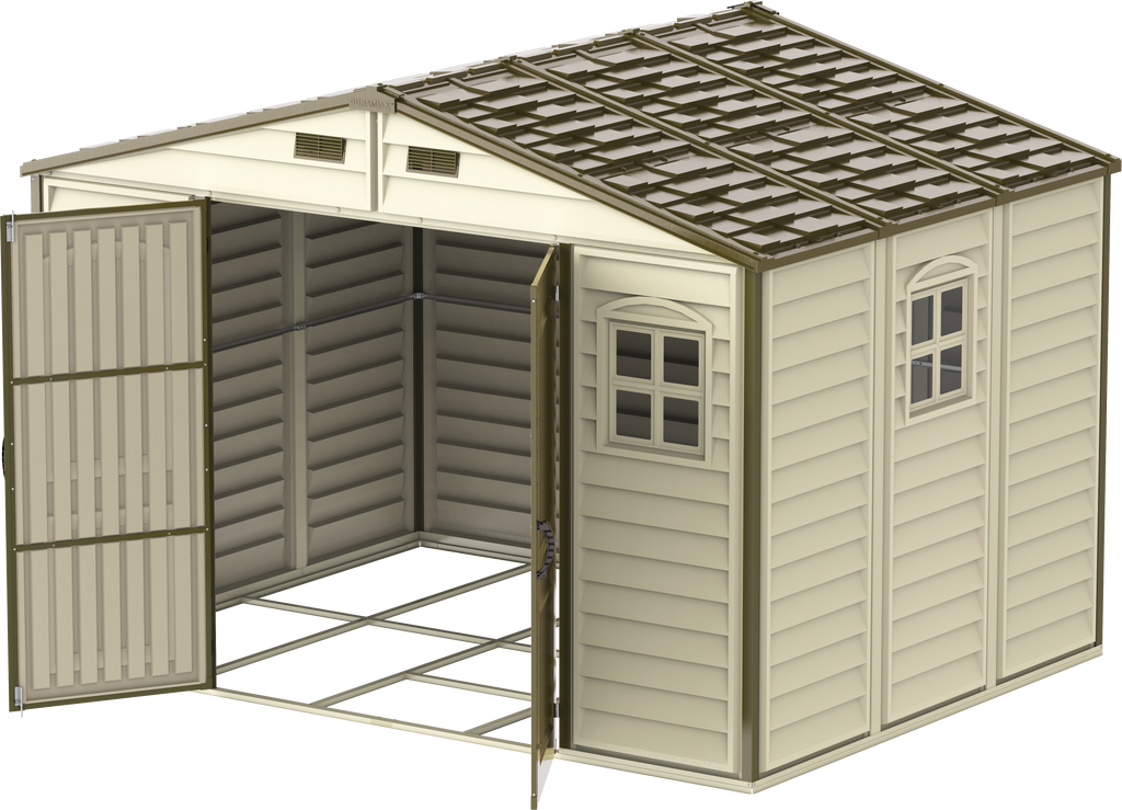Big plastic storage shed, 3.19 x 2.40 m with metal floor kit for better storage use.