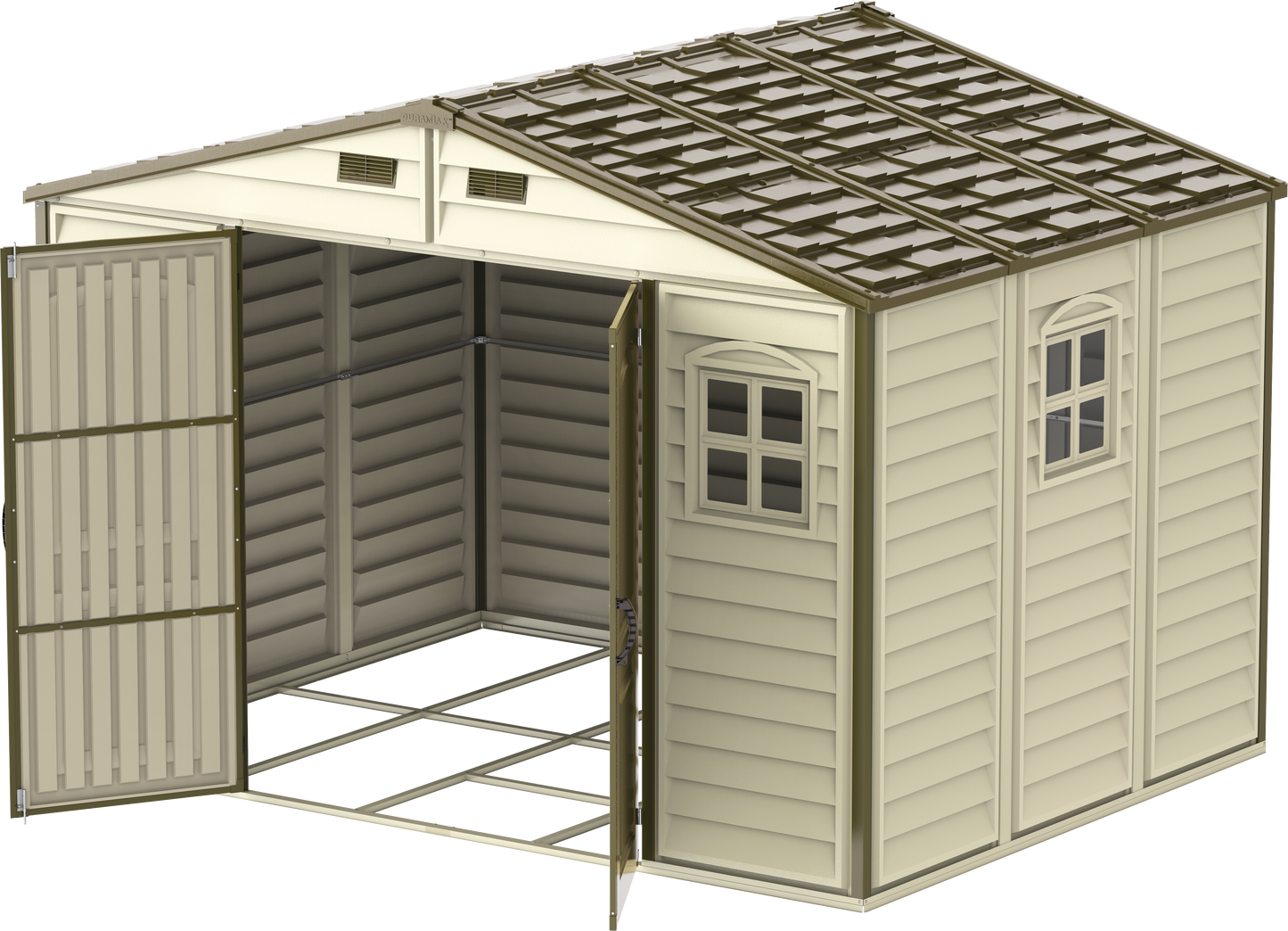 Big plastic storage shed, 3.19 x 2.40 m with metal floor kit for better storage use.