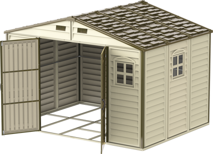 Big plastic storage shed, 3.19 x 2.40 m with metal floor kit for better storage use.