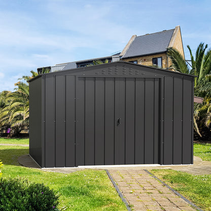 Duramax metal shed, 3.12 x 2.34 m with tall and wide sliding doors to provide secure access to store any equipment.