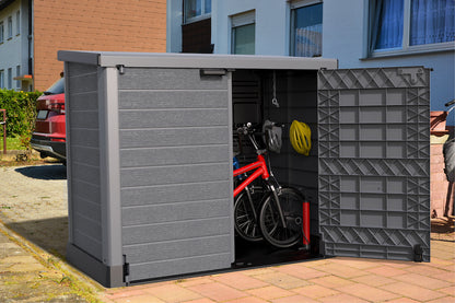 Plastic storage shed for yard, front opening, two double doors.