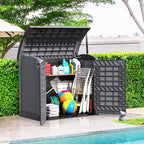 Grey yard storage shed with two entry ways for storing household items, trash containers, or any equipment.