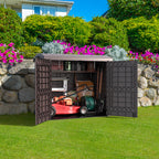 Brown yard storage shed with two entry ways for storing household items and yard tools.