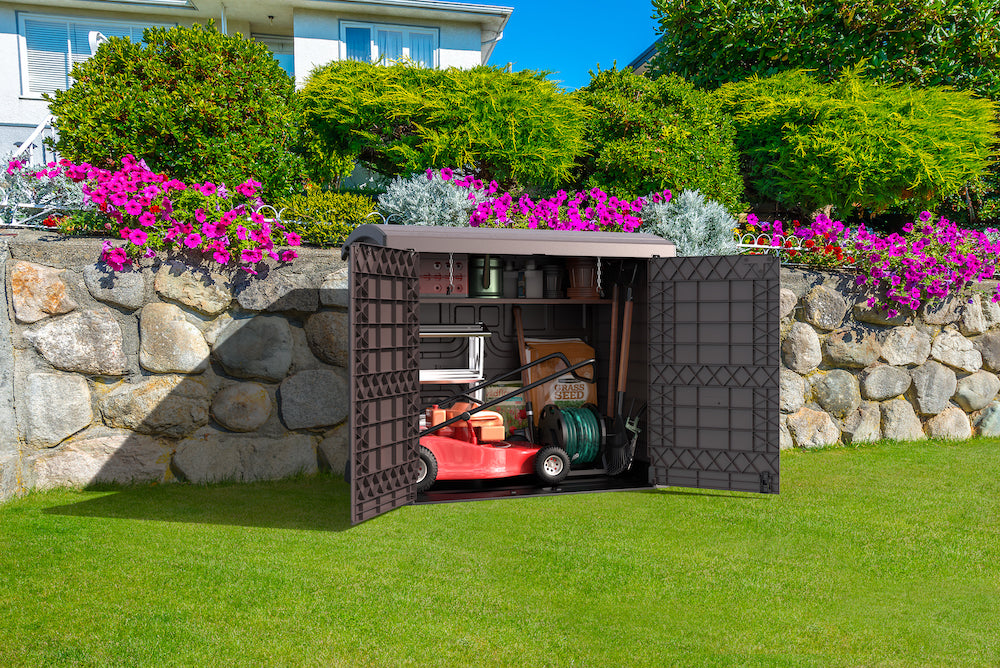 Brown yard storage shed with two entry ways for storing household items and yard tools.