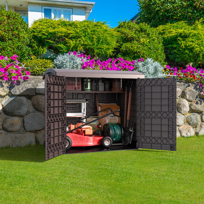 Brown yard storage shed with two entry ways for storing household items and yard tools.