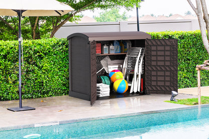 Brown garden storage shed, 1200L can store any folded furniture and decorations