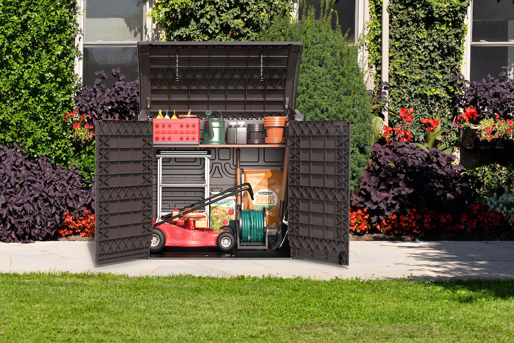 Brown shed, for patio, ideal for storing any yard equipment and decorations