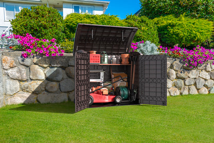 Brown yard storage shed with two entry ways for storing household items, trash containers, or any equipment.