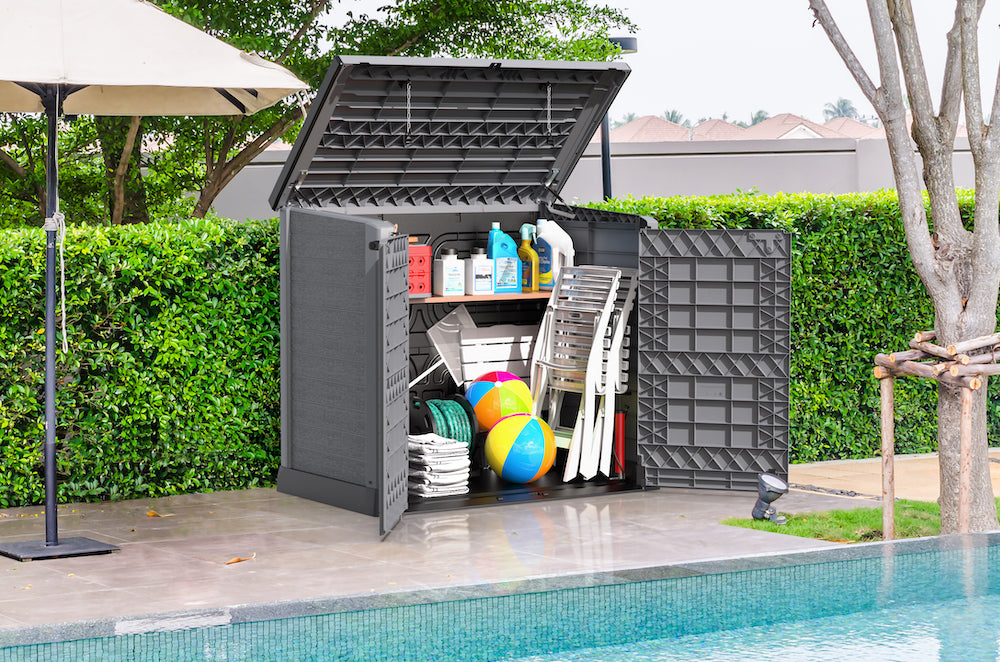 Grey storage shed, big storage space for tools, BBQ's and bins.