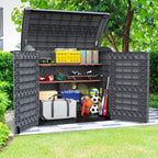 Grey storage shed for backyard, can store any decorations and equipment.