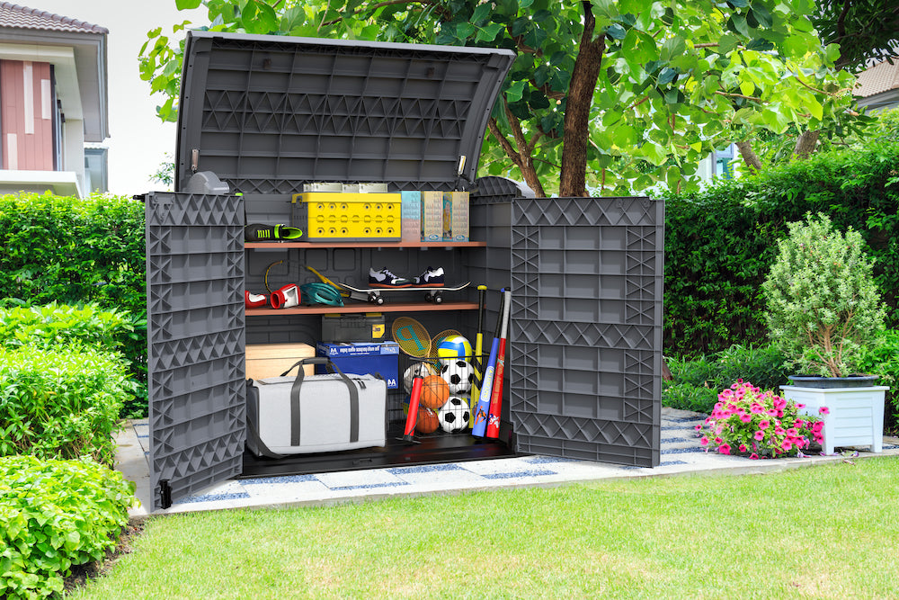 Grey storage shed for backyard, can store any decorations and equipment.