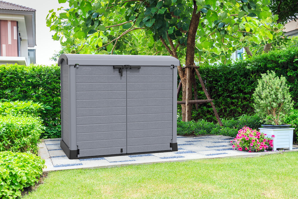 Duramax grey Garden storage shed, ensures storage space for any gardening tools, or decorations.