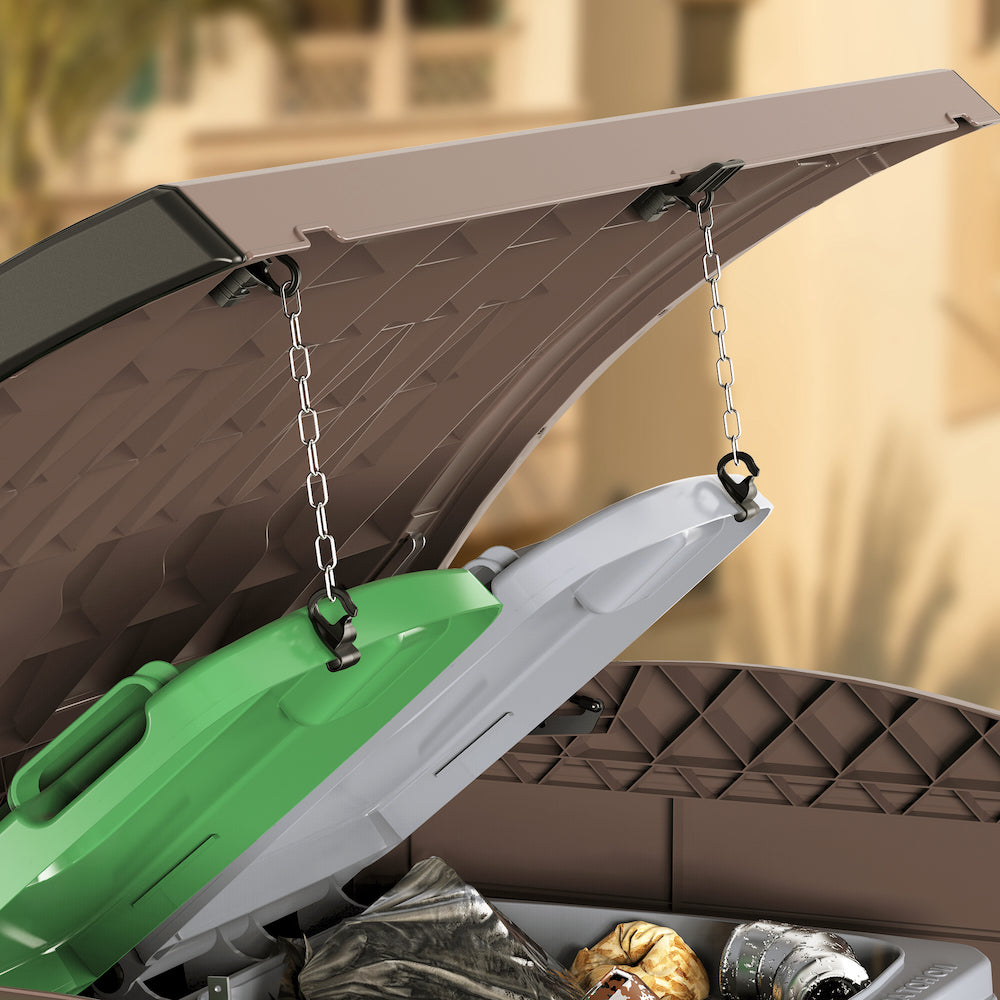 Brown plastic garbage shed with chains, holding bin openings.